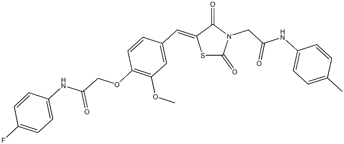 2-[4-({2,4-dioxo-3-[2-oxo-2-(4-toluidino)ethyl]-1,3-thiazolidin-5-ylidene}methyl)-2-methoxyphenoxy]-N-(4-fluorophenyl)acetamide Struktur