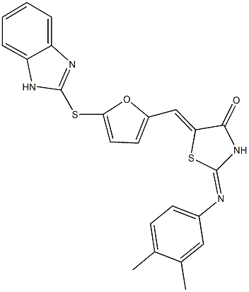 5-{[5-(1H-benzimidazol-2-ylsulfanyl)-2-furyl]methylene}-2-[(3,4-dimethylphenyl)imino]-1,3-thiazolidin-4-one Struktur