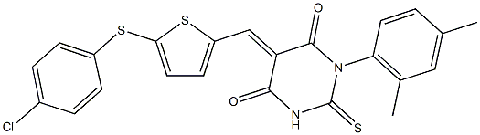 5-({5-[(4-chlorophenyl)sulfanyl]thien-2-yl}methylene)-1-(2,4-dimethylphenyl)-2-thioxodihydropyrimidine-4,6(1H,5H)-dione Struktur