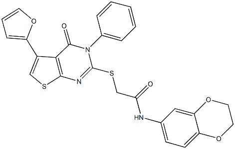N-(2,3-dihydro-1,4-benzodioxin-6-yl)-2-{[5-(2-furyl)-4-oxo-3-phenyl-3,4-dihydrothieno[2,3-d]pyrimidin-2-yl]sulfanyl}acetamide Struktur