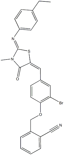 2-{[2-bromo-4-({2-[(4-ethylphenyl)imino]-3-methyl-4-oxo-1,3-thiazolidin-5-ylidene}methyl)phenoxy]methyl}benzonitrile Struktur
