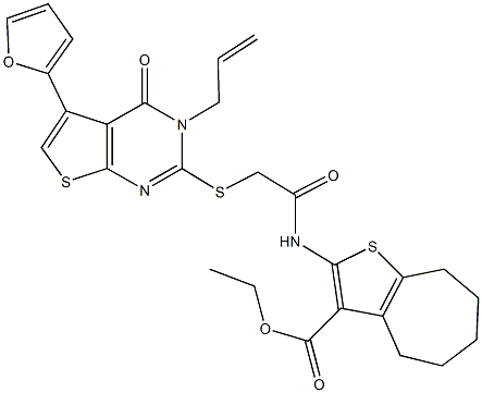 ethyl 2-[({[3-allyl-5-(2-furyl)-4-oxo-3,4-dihydrothieno[2,3-d]pyrimidin-2-yl]sulfanyl}acetyl)amino]-5,6,7,8-tetrahydro-4H-cyclohepta[b]thiophene-3-carboxylate Struktur