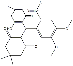 2-((2-hydroxy-4,4-dimethyl-6-oxo-1-cyclohexen-1-yl){2-nitro-4,5-dimethoxyphenyl}methyl)-5,5-dimethyl-1,3-cyclohexanedione Struktur
