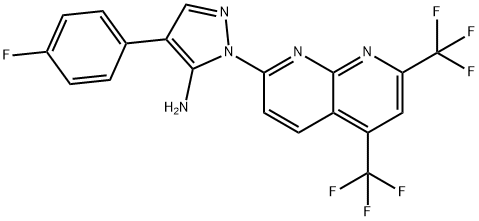 1H-Pyrazol-5-amine,1-[5,7-bis(trifluoromethyl)-1,8-naphthyridin-2-yl]-4-(4-fluorophenyl)-(9CI) Struktur