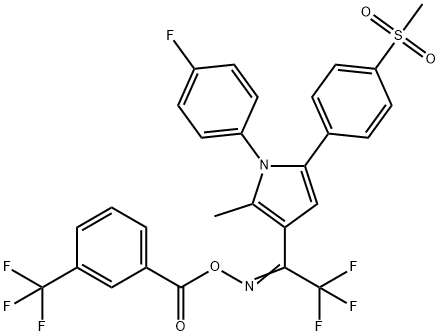 (Z)-{2,2,2-trifluoro-1-[1-(4-fluorophenyl)-5-(4-methanesulfonylphenyl)-2-methyl-1H-pyrrol-3-yl]ethylidene}amino 3-(trifluoromethyl)benzoate Structure