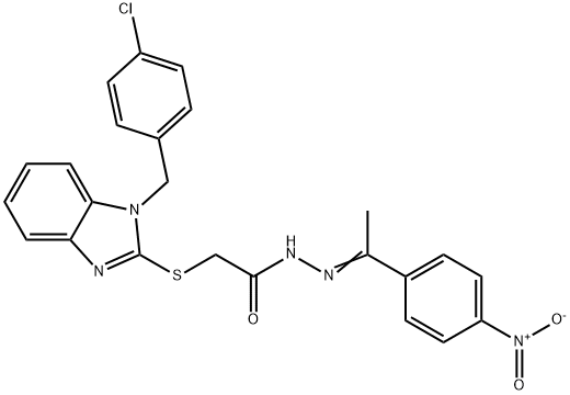 2-[1-[(4-chlorophenyl)methyl]benzimidazol-2-yl]sulfanyl-N-[(E)-1-(4-nitrophenyl)ethylideneamino]acetamide Struktur