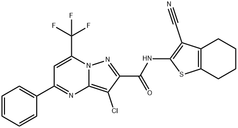 3-chloro-N-(3-cyano-4,5,6,7-tetrahydro-1-benzothiophen-2-yl)-5-phenyl-7-(trifluoromethyl)pyrazolo[1,5-a]pyrimidine-2-carboxamide Struktur