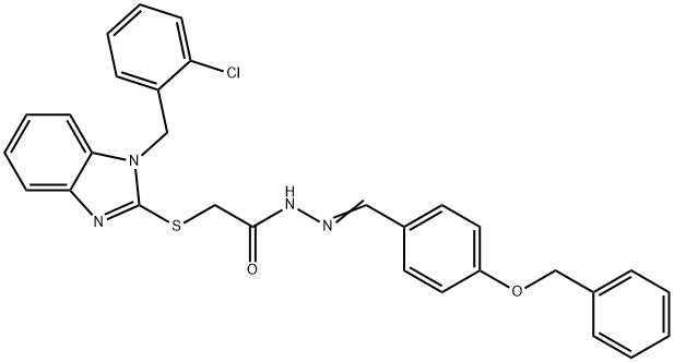 2-[1-[(2-chlorophenyl)methyl]benzimidazol-2-yl]sulfanyl-N-[(E)-(4-phenylmethoxyphenyl)methylideneamino]acetamide Struktur