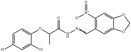 2-(2,4-dichlorophenoxy)-N-[(E)-(6-nitro-1,3-benzodioxol-5-yl)methylideneamino]propanamide Structure
