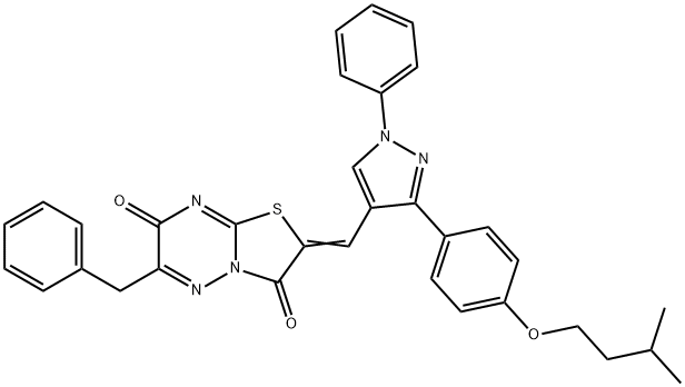 (2Z)-6-benzyl-2-[[3-[4-(3-methylbutoxy)phenyl]-1-phenylpyrazol-4-yl]methylidene]-[1,3]thiazolo[3,2-b][1,2,4]triazine-3,7-dione Struktur