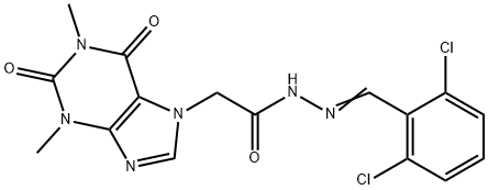 N-[(E)-(2,6-dichlorophenyl)methylideneamino]-2-(1,3-dimethyl-2,6-dioxopurin-7-yl)acetamide Struktur