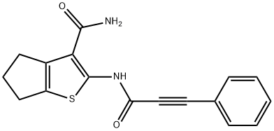 2-(3-phenylprop-2-ynoylamino)-5,6-dihydro-4H-cyclopenta[b]thiophene-3-carboxamide Struktur