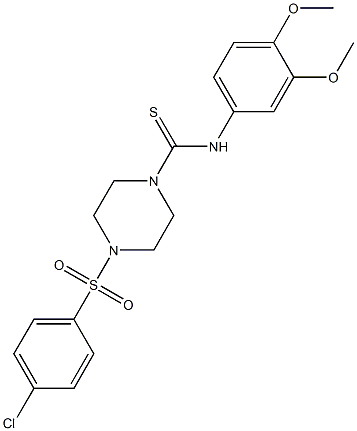 4-(4-chlorophenyl)sulfonyl-N-(3,4-dimethoxyphenyl)piperazine-1-carbothioamide Struktur