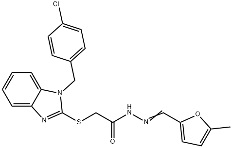 2-[1-[(4-chlorophenyl)methyl]benzimidazol-2-yl]sulfanyl-N-[(E)-(5-methylfuran-2-yl)methylideneamino]acetamide Struktur