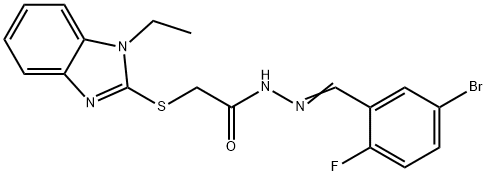 N-[(E)-(5-bromo-2-fluorophenyl)methylideneamino]-2-(1-ethylbenzimidazol-2-yl)sulfanylacetamide Struktur