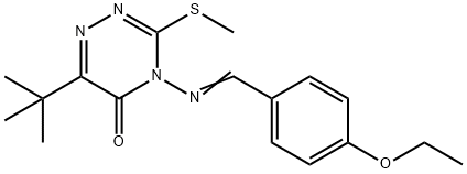 6-tert-butyl-4-[(E)-(4-ethoxyphenyl)methylideneamino]-3-methylsulfanyl-1,2,4-triazin-5-one Struktur