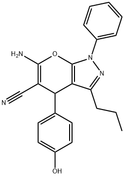 6-amino-4-(4-hydroxyphenyl)-1-phenyl-3-propyl-4H-pyrano[2,3-c]pyrazole-5-carbonitrile Struktur