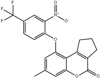 7-methyl-9-[2-nitro-4-(trifluoromethyl)phenoxy]-2,3-dihydro-1H-cyclopenta[c]chromen-4-one Struktur