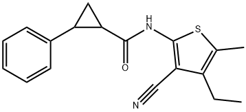 N-(3-cyano-4-ethyl-5-methylthiophen-2-yl)-2-phenylcyclopropane-1-carboxamide Struktur