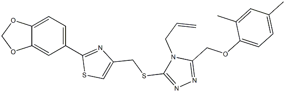 2-(1,3-benzodioxol-5-yl)-4-[[5-[(2,4-dimethylphenoxy)methyl]-4-prop-2-enyl-1,2,4-triazol-3-yl]sulfanylmethyl]-1,3-thiazole Struktur