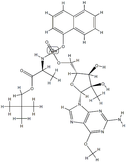 2,2-ジメチルプロピル2-({[(2R,3R,4R,5R)-5-(2-アミノ-6-メトキシプリン-9-イル)-3,4-ジヒドロキシ-4-メチルオキソラン-2-イル]メトキシ(ナフタレン-1-イルオキシ)ホスホリル}アミノ)プロパノアート 化學(xué)構(gòu)造式