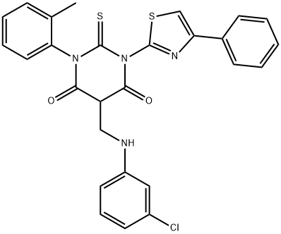 5-[[(3-chlorophenyl)amino]methyl]-1-(2-methylphenyl)-3-(4-phenyl-1,3-t hiazol-2-yl)-2-sulfanylidene-1,3-diazinane-4,6-dione Struktur