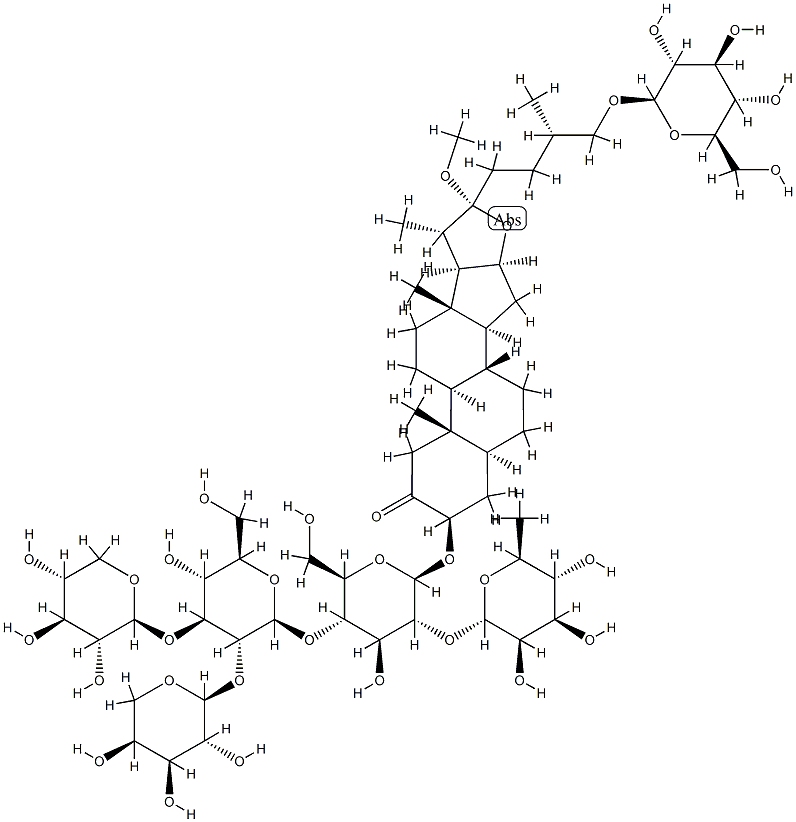 3-hydroxy-22-methoxy-26-glucopyranosyloxy-furostan-2-one-3-O-(O-rhamnopyranosyl-(1-2)-O-(O-arabinopyranosyl-(1-2)-O-(xylopyranosyl-(1-3))-glucopyranosyl-(1-4))galactopyranoside) Structure