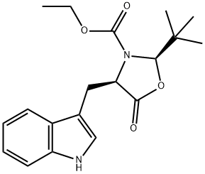 (2R,4R)-2-(tert-Butyl)-3-(ethoxycarbonyl)-4-(indol-3-yl-Methyl]-1,3-oxazolidin-5-one Struktur