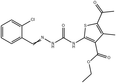 (E)-ethyl 5-acetyl-2-(2-(2-chlorobenzylidene)hydrazinecarboxamido)-4-methylthiophene-3-carboxylate Struktur
