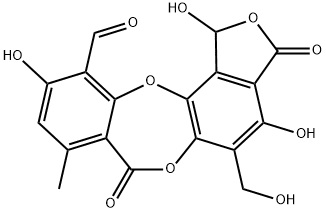 1,3-dihydro-1,4,10-trihydroxy-5-(hydroxymethyl)-8-methyl-3,7-dioxo-7H-isobenzofuro[4,5-b][1,4]benzodioxepin-11-carbaldehyde  Struktur