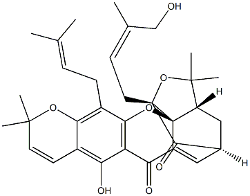 (1R,14aS)-3,3aα,4,5-Tetrahydro-8-hydroxy-1-[(Z)-4-hydroxy-3-methyl-2-butenyl]-3,3,11,11-tetramethyl-13-(3-methyl-2-butenyl)-1,5β-methano-7H,11H-furo[3,4-g]pyrano[3,2-b]xanthene-7,15-dione Struktur
