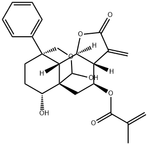 2-Methylpropenoic acid (3aR,12R)-3,3aβ,4,5,8,9,9aβ,9bα-octahydro-6α,12-dihydroxy-3-methylene-2-oxo-9α-phenyl-6H-5aβ,9β-propano-2H-furo[2,3-f][2]benzopyran-4β-yl ester Struktur