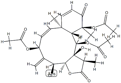 (1R,7E)-1β,8aα,12α-Trimethyl-4β-chloro-5-methylene-6β,12,13β-triacetoxy-13aβ-hydroxy-1,2,3aα,4,5,6,8a,11,12,12aβ,13,13a-dodecahydrobenzo[4,5]cyclodeca[1,2-b]furan-2,11-dione Struktur