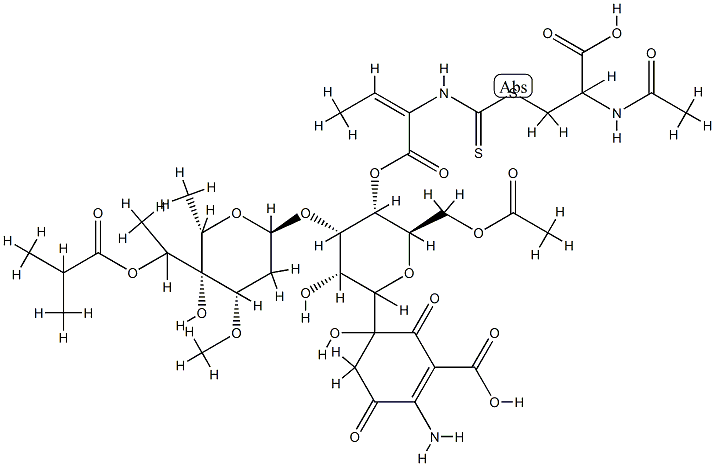 L-Cysteine, N-acetyl-,(1-carboxy-1-propenyl)carbamodithioate (ester), 4'-ester with5-[6-O-acetyl-3-O-[2,6-dideoxy-3-O-methyl-4-C-[1-(2-methyl-1-oxopropoxy)ethyl]-a-L-lyxo-hexopyranosyl]-b-D-allopyranosyl]-2-amino-5-hydroxy-3,6-dioxo-1-cyclohexene-1-carboxylicacid (9CI) Struktur
