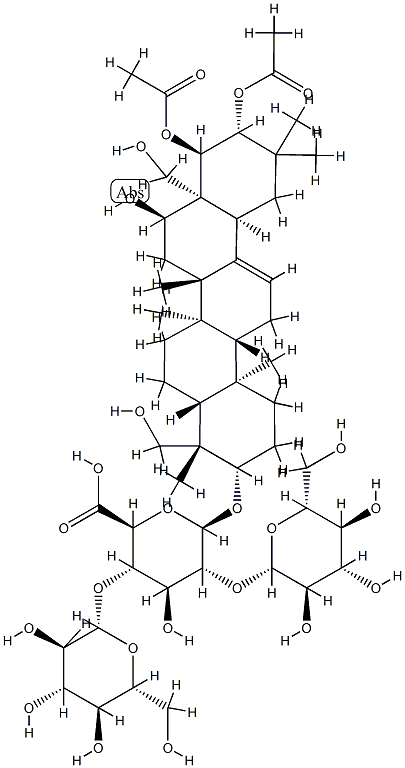b-D-Glucopyranosiduronic acid, (3b,4b,16a,21b,22a)-21,22-bis(acetyloxy)-16,23,28-trihydroxyolean-12-en-3-ylO-b-D-glucopyranosyl-(1(R)2)-O-[b-D-glucopyranosyl-(1(R)4)]- (9CI) Struktur