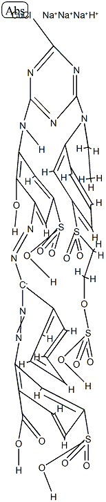 trisodium hydrogen [2-[[alpha-[[3-[[4-chloro-6-[ethyl[3-[[2-(sulphooxy)ethyl]sulphonyl]phenyl]amino]-1,3,5-triazin-2-yl]amino]-2-hydroxy-5-sulphophenyl]azo]benzyl]azo]-4-sulphobenzoato(6-)]cuprate(4-) Struktur