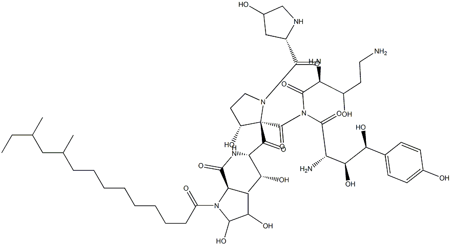 L-Prolinamide, (4R)-1-(10,12-dimethyl-1-oxotetradecyl)-4,5-dihydroxy-D-prolyl-L-threonyl-(4R)-4-hydroxy-L-prolyl-(4S)-4-hydroxy-4-(4-hydroxyphenyl)-L-threonyl-(3R)-3-hydroxy-L-ornithyl-3-hydroxy-, (3S)- Struktur