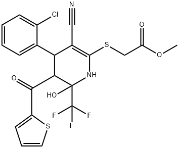 methyl 2-{[4-(2-chlorophenyl)-3-cyano-6-hydroxy-5-(2-thienylcarbonyl)-6-(trifluoromethyl)-1,4,5,6-tetrahydro-2-pyridinyl]sulfanyl}acetate Struktur
