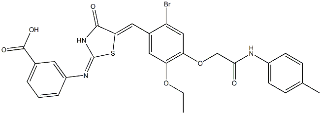 3-[(5-{2-bromo-5-ethoxy-4-[2-oxo-2-(4-toluidino)ethoxy]benzylidene}-4-oxo-1,3-thiazolidin-2-ylidene)amino]benzoic acid Struktur