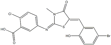 5-{[5-(5-bromo-2-hydroxybenzylidene)-3-methyl-4-oxo-1,3-thiazolidin-2-ylidene]amino}-2-chlorobenzoic acid Struktur