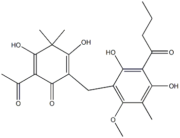 6-Acetyl-2-(2,4-dihydroxy-5-methyl-6-methoxy-3-butyrylbenzyl)-3,5-dihydroxy-4,4-dimethyl-2,5-cyclohexadien-1-one Struktur