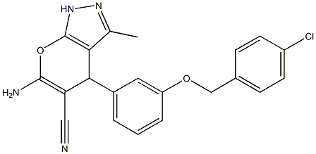 6-amino-4-{3-[(4-chlorobenzyl)oxy]phenyl}-3-methyl-1,4-dihydropyrano[2,3-c]pyrazole-5-carbonitrile Struktur