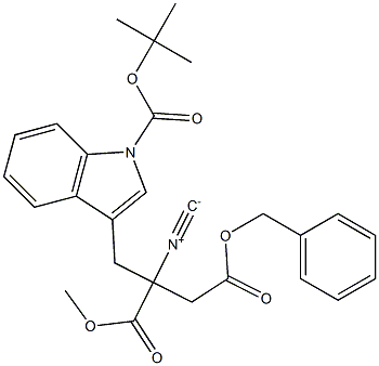 2-[(1-tert-Butyloxycarbonyl-1H-indol-3-yl)methyl]-2-isocyanosuccinic acid 1-methyl 4-benzyl ester Struktur
