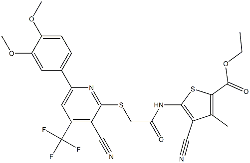 ethyl 4-cyano-5-[(2-{[3-cyano-6-(3,4-dimethoxyphenyl)-4-(trifluoromethyl)-2-pyridinyl]sulfanyl}acetyl)amino]-3-methyl-2-thiophenecarboxylate Struktur