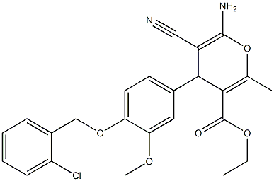 ethyl 6-amino-4-{4-[(2-chlorobenzyl)oxy]-3-methoxyphenyl}-5-cyano-2-methyl-4H-pyran-3-carboxylate Struktur