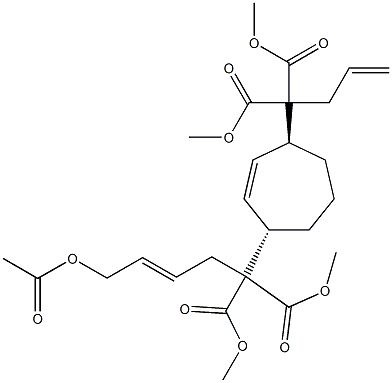 2-[(1S,4S)-4-[1,1-Bis(methoxycarbonyl)-3-butenyl]-2-cycloheptenyl]-2-[(E)-4-acetoxy-2-butenyl]malonic acid dimethyl ester Struktur