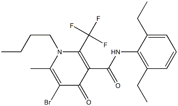 1-Butyl-2-trifluoromethyl-5-bromo-1,4-dihydro-6-methyl-N-(2,6-diethylphenyl)-4-oxopyridine-3-carboxamide Struktur