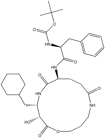 (3R,4S,7S)-7-[(S)-2-(tert-Butyloxycarbonylamino)-3-phenylpropanoylamino]-4-(cyclohexylmethyl)-3-hydroxy-1-oxa-5,11-diazacyclotetradecane-2,6,10-trione Struktur