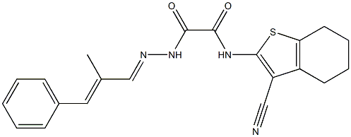 N-(3-cyano-4,5,6,7-tetrahydro-1-benzothiophen-2-yl)-1-{N'-[(1Z,2E)-2-methyl-3-phenylprop-2-en-1-ylidene]hydrazinecarbonyl}formamide Struktur