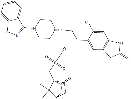 4-(1,2-benzothiazol-3-yl)-1-[2-(6-chloro-2-oxo-2,3-dihydro-1H-indol-5-yl)ethyl]piperazin-1-ium (7,7-dimethyl-2-oxobicyclo[2.2.1]hept-1-yl)methanesulfonate Struktur